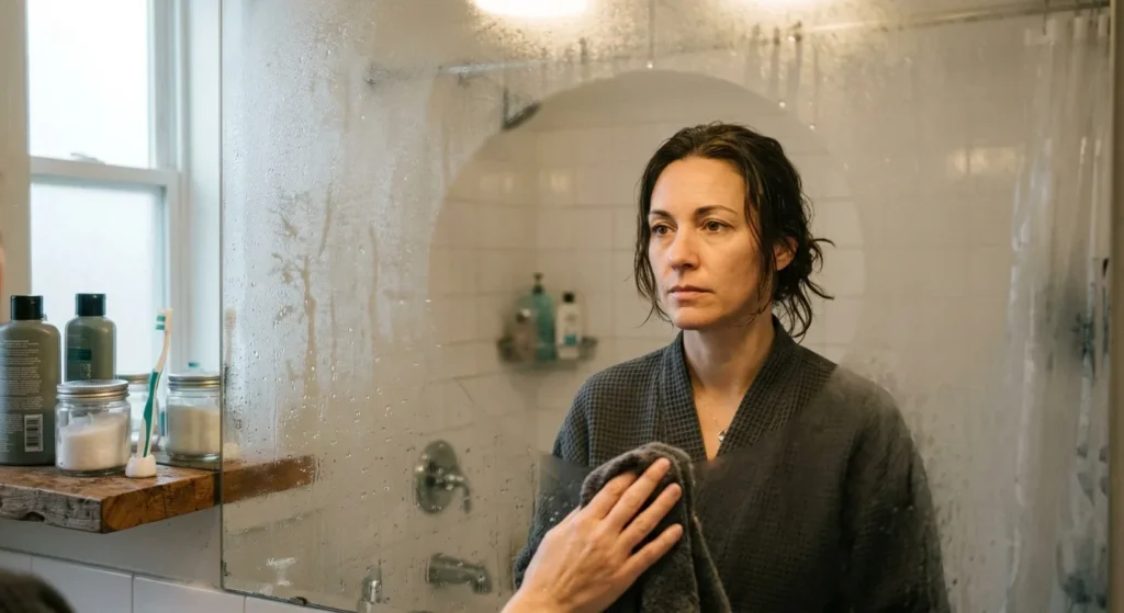 Woman in her late 40s wiping steam from a bathroom mirror, looking at her reflection with a quiet, thoughtful expression — a midlife moment of self-recognition