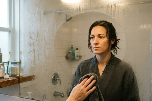 Woman in her late 40s wiping steam from a bathroom mirror, looking at her reflection with a quiet, thoughtful expression — a midlife moment of self-recognition