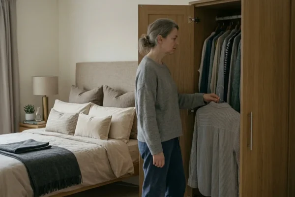 A woman in her late 40s standing in front of an open wardrobe, staring blankly at her clothes mid-decision — capturing the flat, stuck feeling of the midlife funk