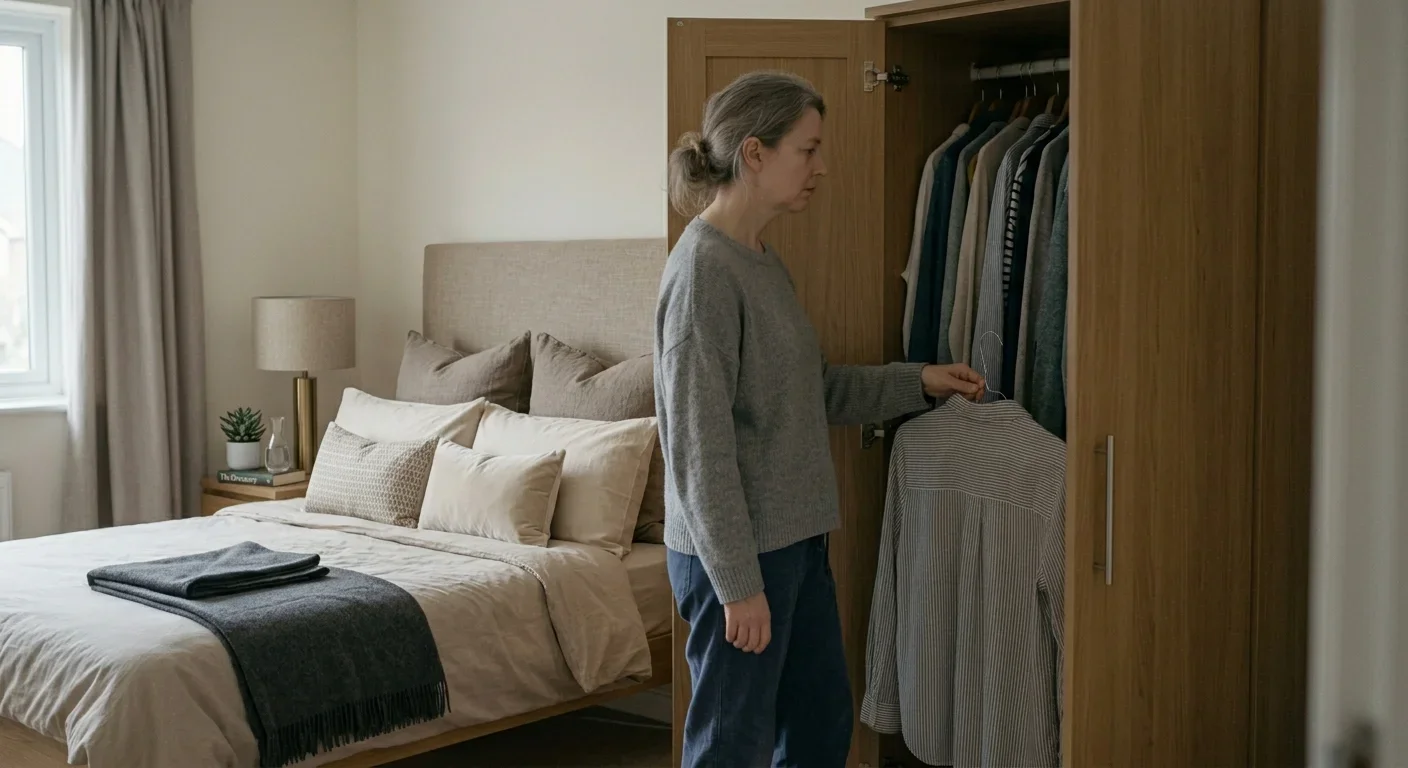 A woman in her late 40s standing in front of an open wardrobe, staring blankly at her clothes mid-decision — capturing the flat, stuck feeling of the midlife funk