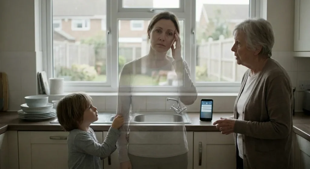 A semi-transparent woman in her 40s stands in a kitchen between a young child tugging at her sleeve and an elderly mother - illustrating the slow fade of self in midlife