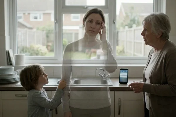 A semi-transparent woman in her 40s stands in a kitchen between a young child tugging at her sleeve and an elderly mother - illustrating the slow fade of self in midlife