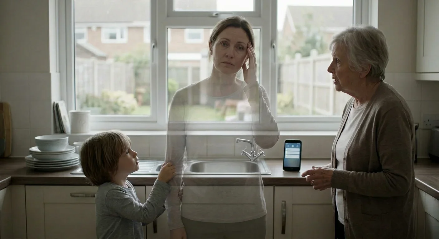 A semi-transparent woman in her 40s stands in a kitchen between a young child tugging at her sleeve and an elderly mother - illustrating the slow fade of self in midlife