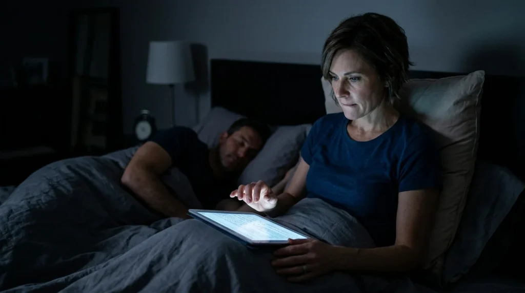 Woman scrolling for answers on a tablet late at night while her partner sleeps beside her