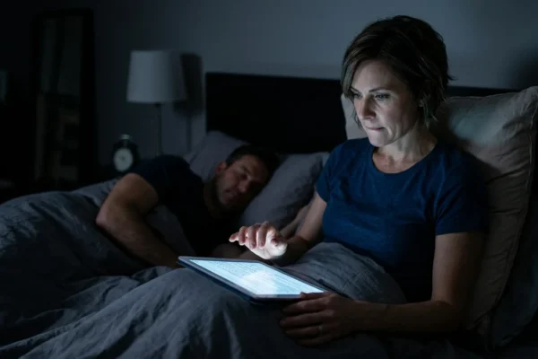 Woman scrolling for answers on a tablet late at night while her partner sleeps beside her