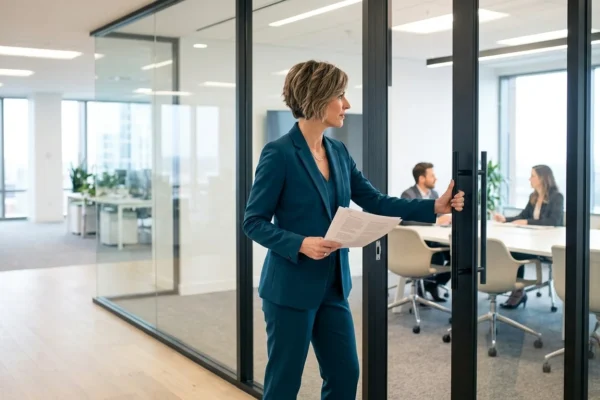 Woman in a business suit pushing open a glass door, walking purposefully into a meeting