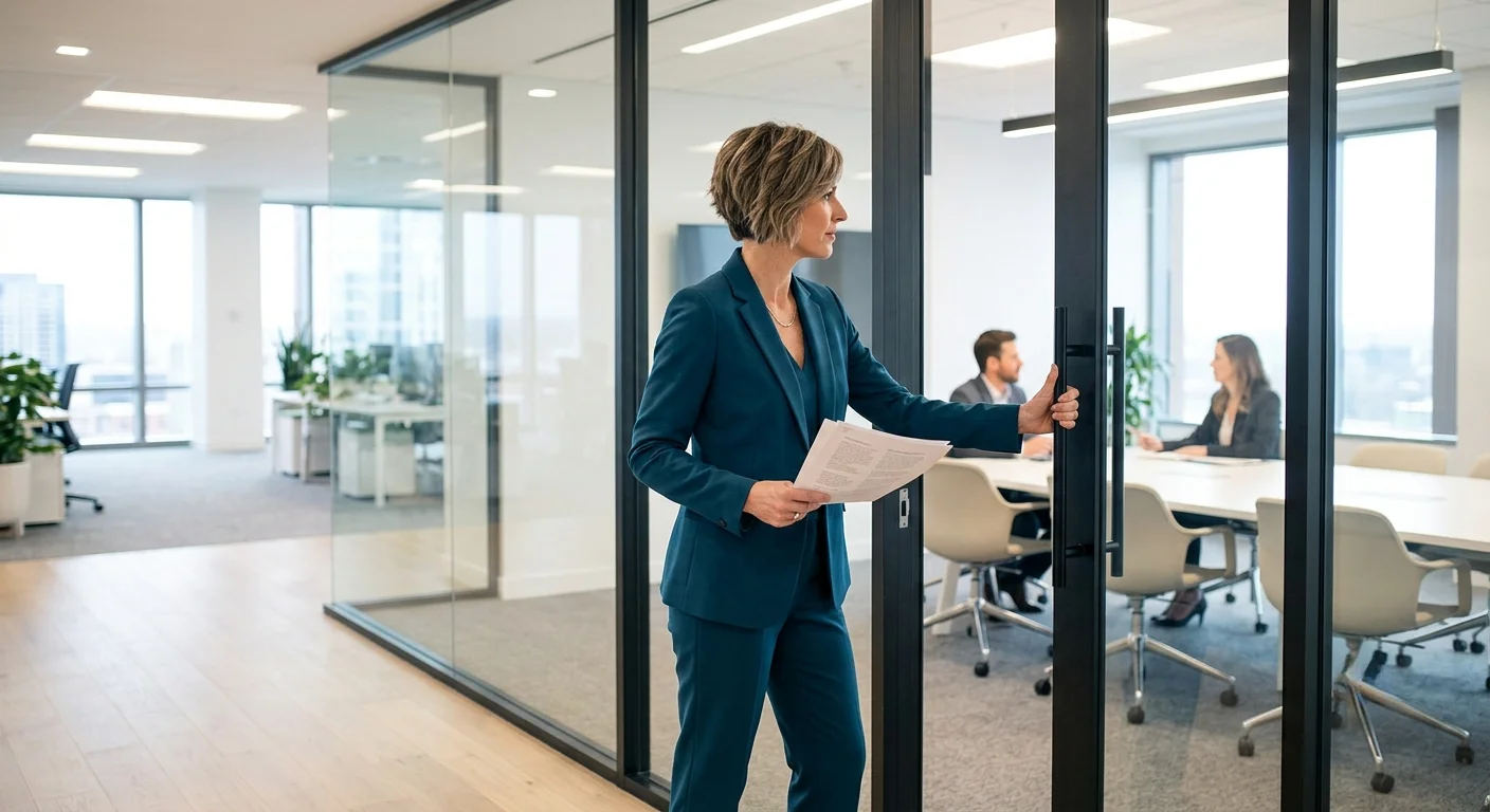 Woman in a business suit pushing open a glass door, walking purposefully into a meeting