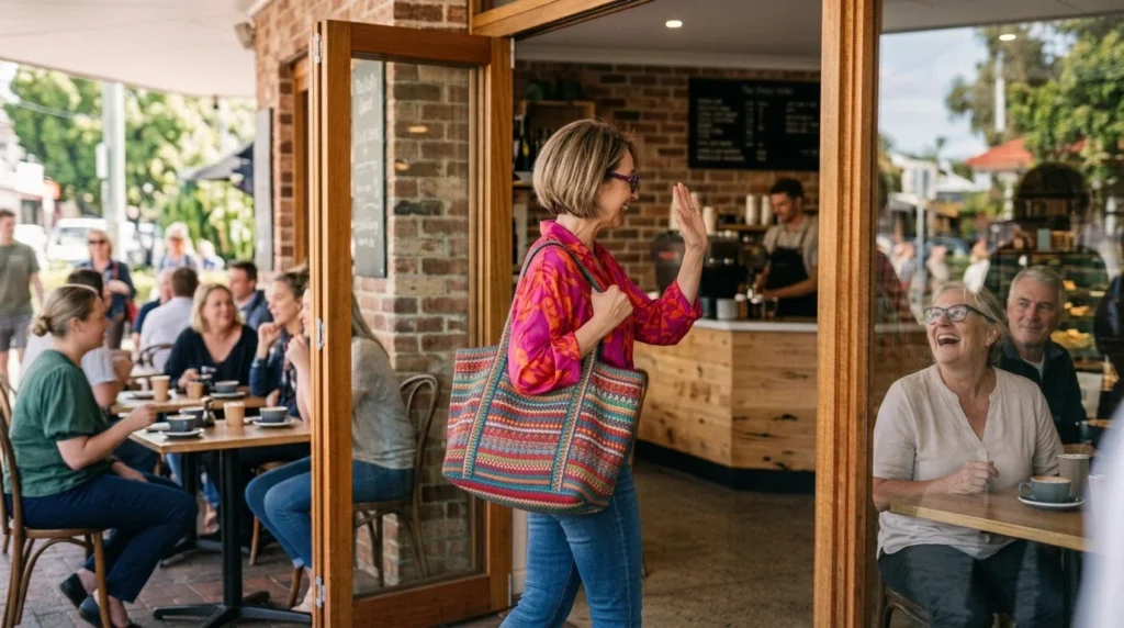 Confident woman in a bold pink blouse waving hello as she enters a busy café