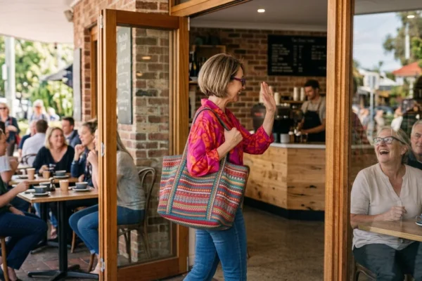 Confident woman in a bold pink blouse waving hello as she enters a busy café