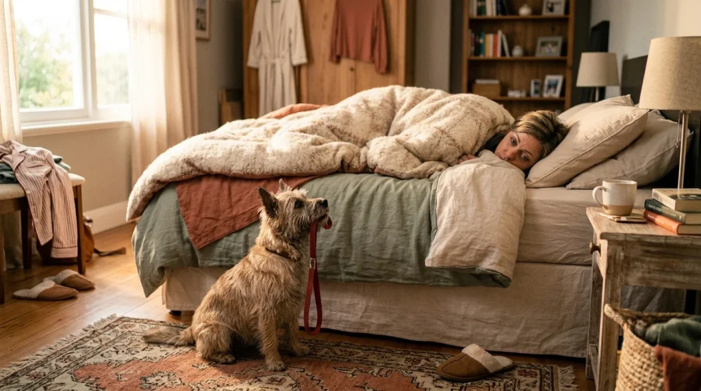 Woman lying under a blanket in bed while her dog waits patiently with its leash in its mouth
