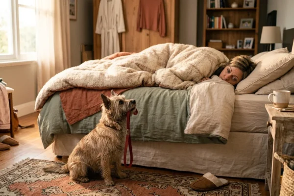 Woman lying under a blanket in bed while her dog waits patiently with its leash in its mouth