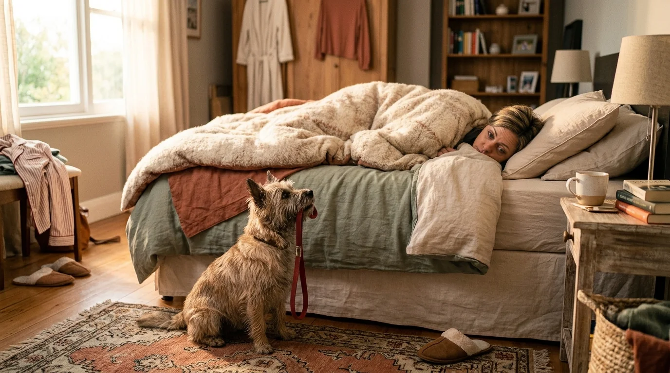 Woman lying under a blanket in bed while her dog waits patiently with its leash in its mouth