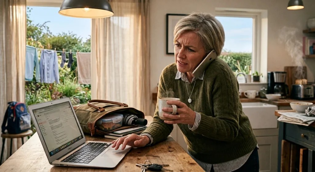 Woman juggling a phone call, laptop, and coffee at her kitchen table amid morning chores