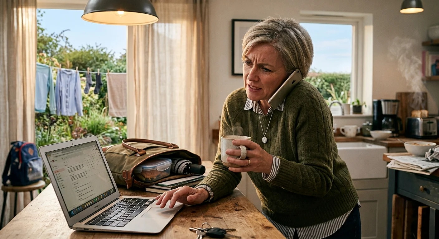 Woman juggling a phone call, laptop, and coffee at her kitchen table amid morning chores