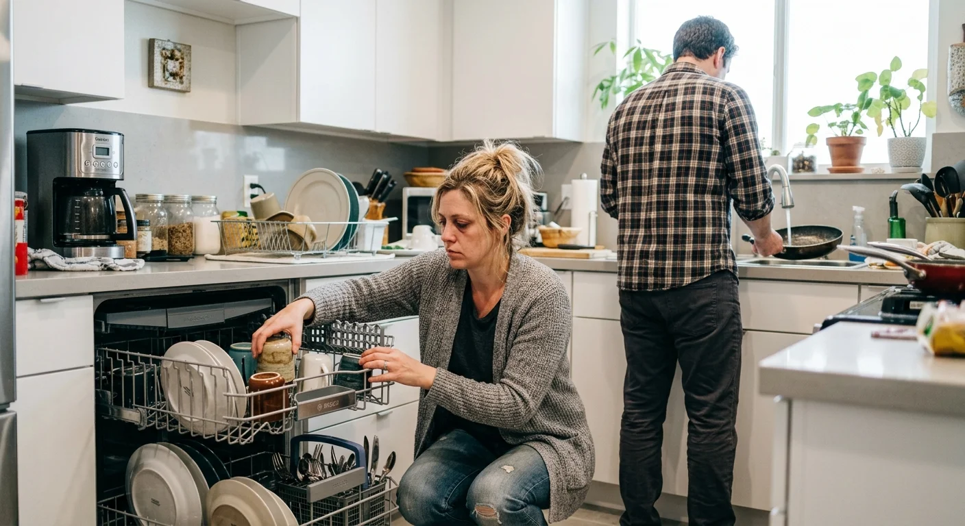 Woman crouching at an open dishwasher, carefully rearranging dishes with a focused expression, while a man washes a pan at the sink behind her