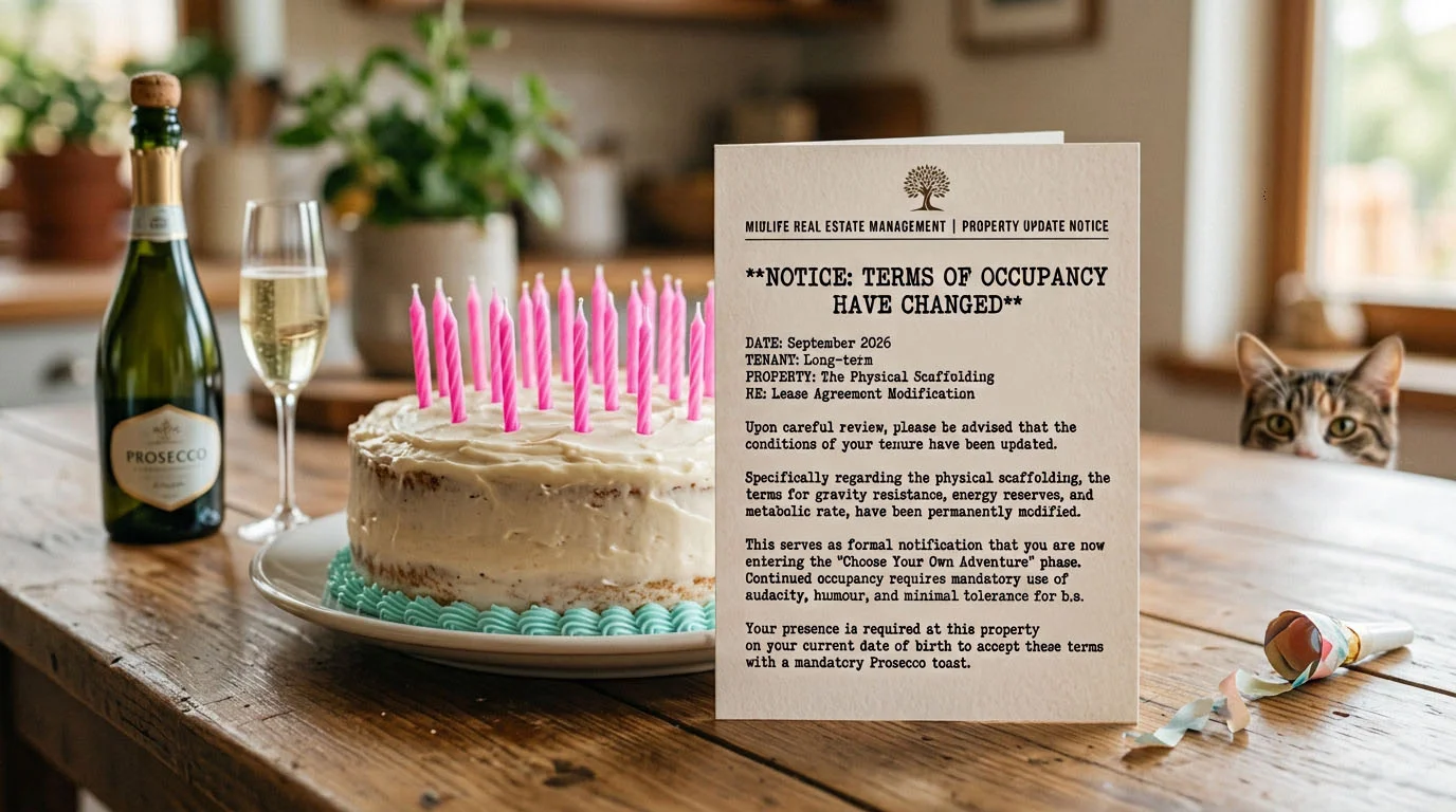 A mock eviction notice titled 'Terms of Occupancy Have Changed' propped against a birthday cake with pink candles, a bottle of Prosecco, and a cat peeking over the table