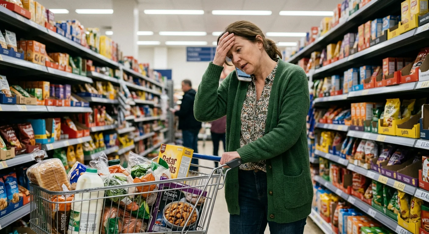 Woman in a green cardigan pushing a full shopping trolley while on a phone call, one hand pressed to her forehead.