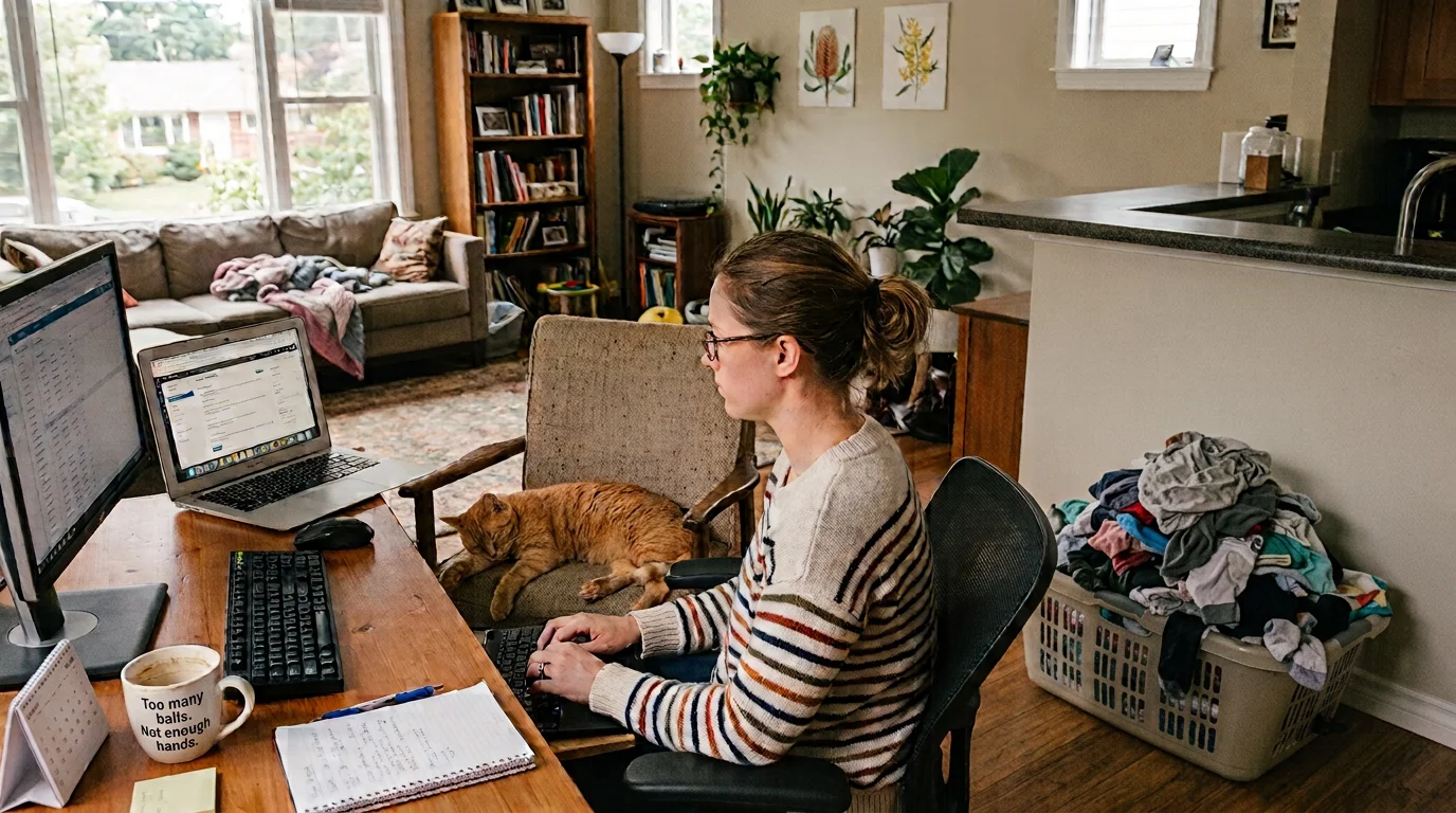 Woman working at a dual-monitor desk with her cat asleep on a chair beside her and an overflowing laundry basket next to the kitchen counter