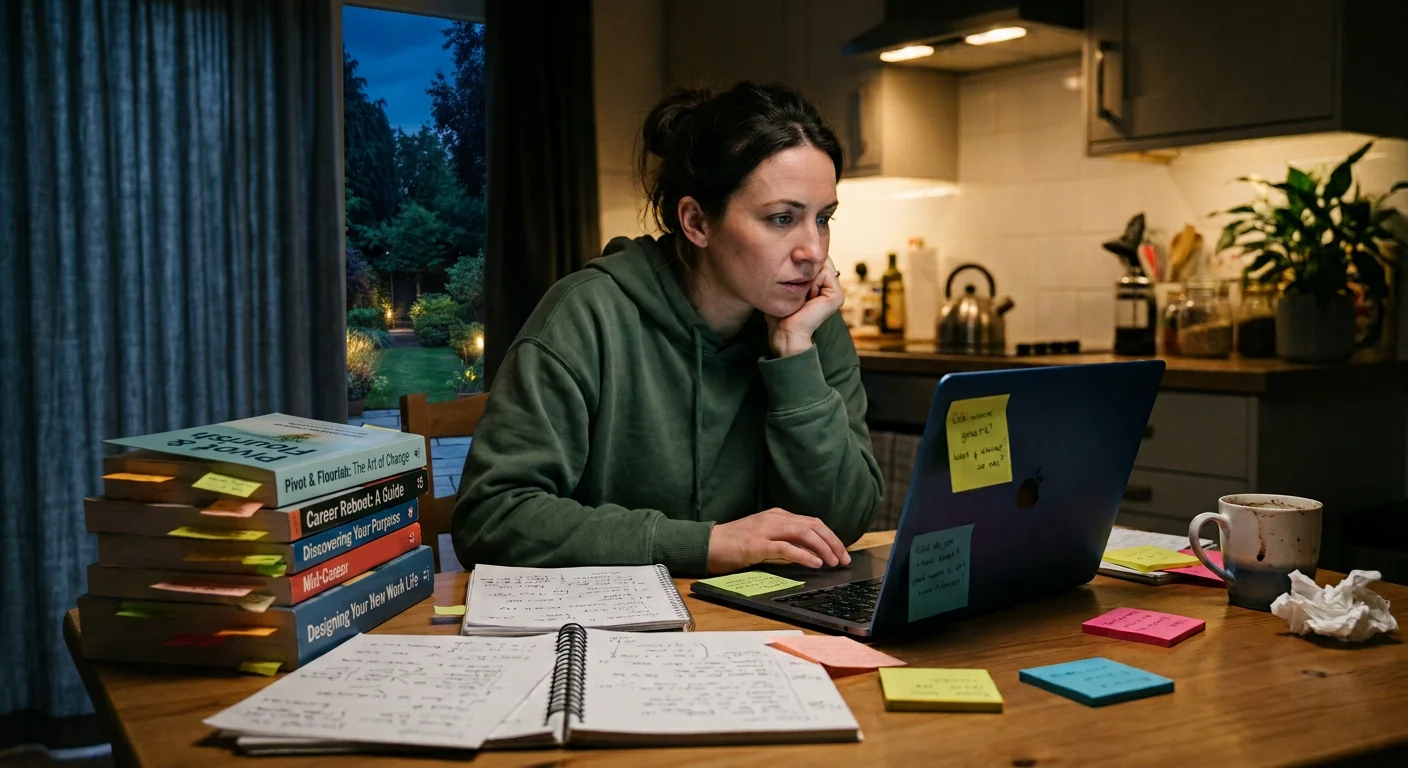 A woman sitting at a kitchen table late at night, absorbed in her laptop, surrounded by stacked books, handwritten notes and sticky notes, with a forgotten cup of coffee beside her.