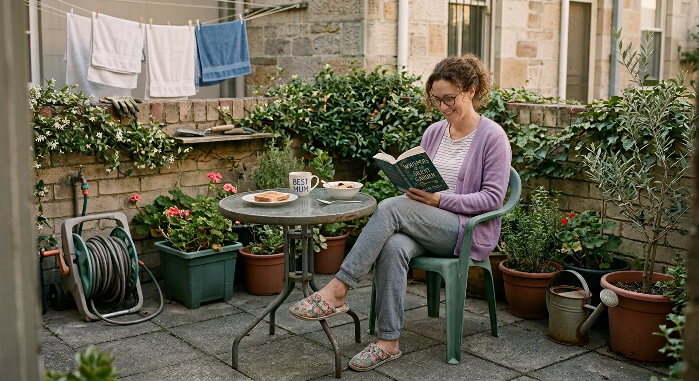 A woman relaxing on a backyard patio with breakfast and a book, surrounded by potted plants and a clothesline, wearing loungewear and slippers.