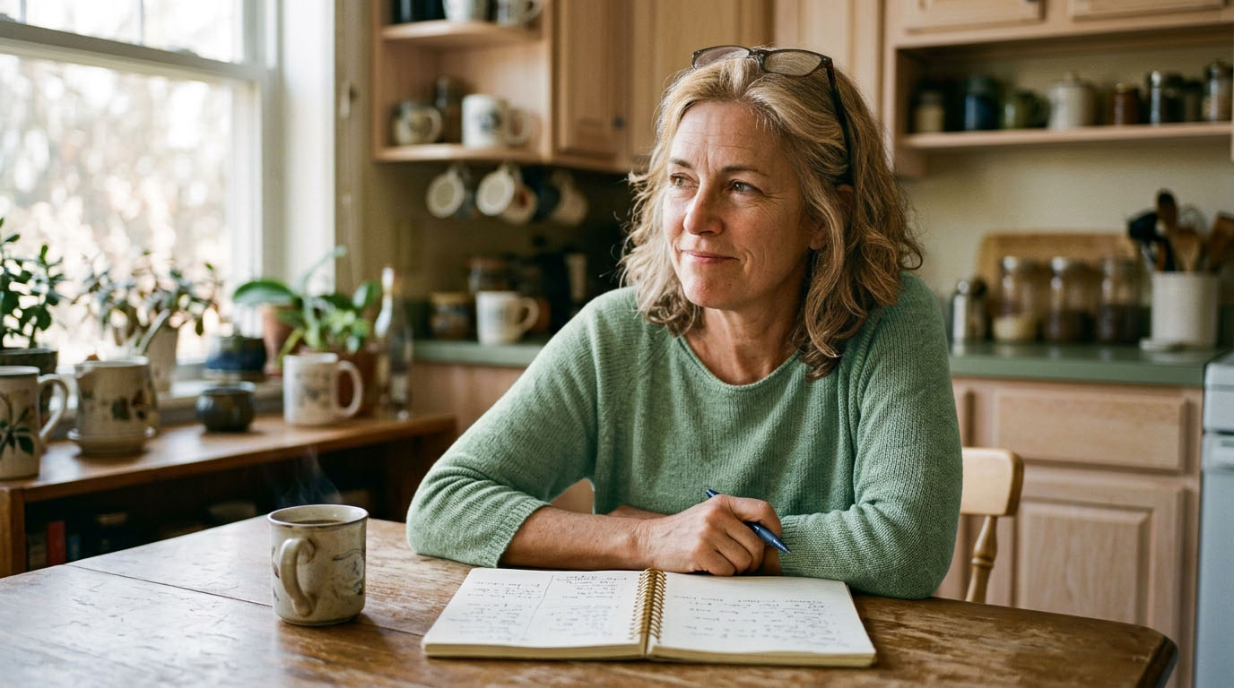 Woman in her fifties at a kitchen table with a notebook, pausing thoughtfully mid-way through writing