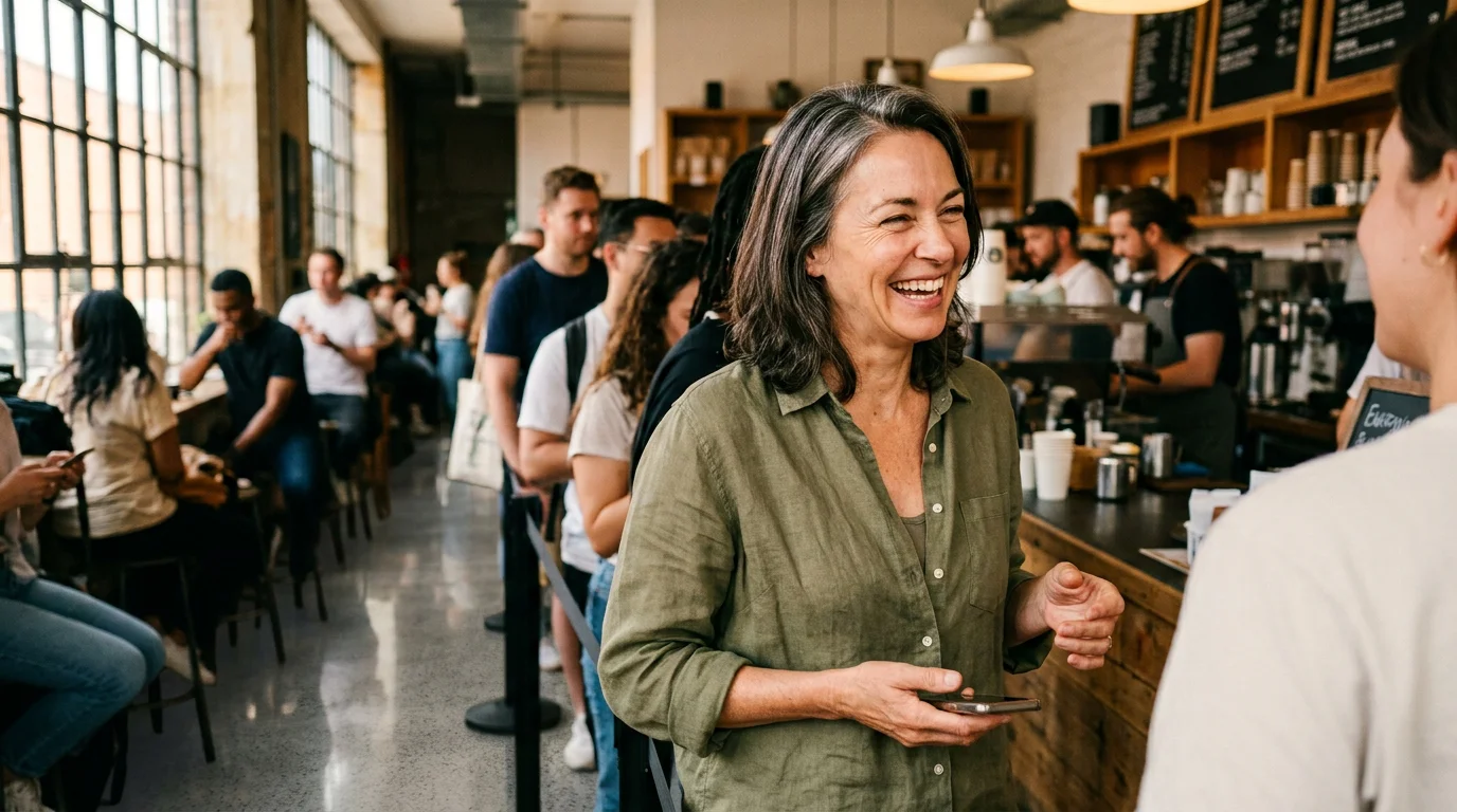 Woman in her fifties laughing with a stranger in a café queue, her phone lowered in her hand.